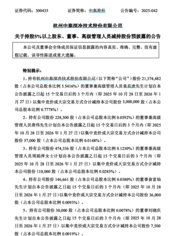 万通资本 海量财经｜半年股价翻倍后 中泰股份“领导班子”同日齐抛减持计划